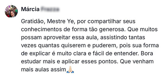 Relato de Marcia agradecendo ao Mestre Ye pela clareza e generosidade ao compartilhar seus conhecimentos