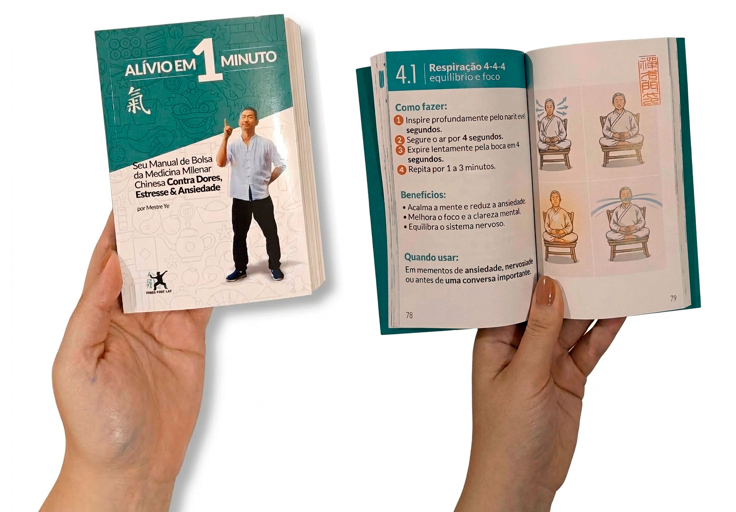 Duas mãos segurando o livro Alívio em 1 Minuto, uma versão fechada e outra aberta na seção de respiração 4-4-4